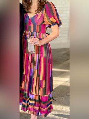 Farm Rio Multicolor Pleated Midi Dress with Puff Sleeves